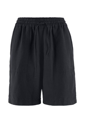 Zwarte casual korte broek met elastische tailleband, trekkoord en grote voorsakken, geschikt voor ontspannen dragen.