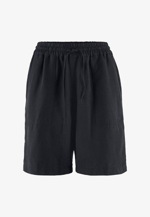 Pantaloncini neri casual con coulisse elastica in vita, cordino e grandi tasche frontali, adatti per un abbigliamento rilassato.