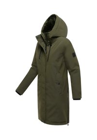 Olijfgroen parka jasje met een capuchon, rits- en drukknoopsluitingen aan de voorkant, zijzakken en contrasterende zwarte accenten op de manchetten en rits.