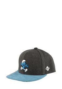 Gray snapback cap with blue suede brim. Features embroidered blue character running on front and small logo on side.