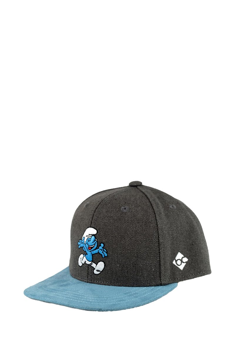 Gray snapback cap with blue suede brim. Features embroidered blue character running on front and small logo on side.