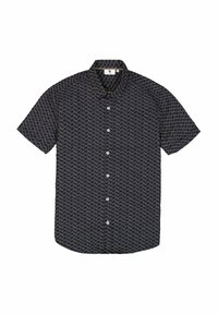 Chemise à manches courtes à boutons, bleu marine avec un motif de vagues crème. Fabriquée en tissu léger. Dotée d'un col et de cinq boutons à l'avant.