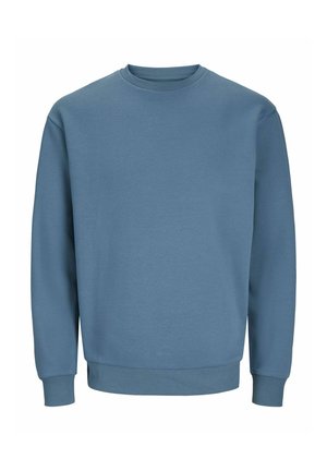 Blå sweatshirt av mjukt tyg med rund hals, långa ärmar, ribbade muddar och nederkant, med en helt enkel design utan mönster.