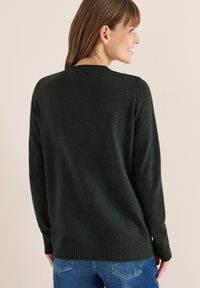 Maglione verde scuro con maniche lunghe, polsini e orlo a coste. Tessuto morbido e classico scollo rotondo, indossato sopra jeans blu.