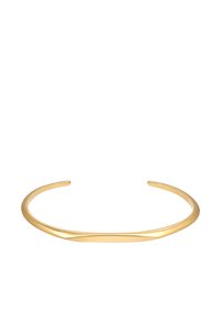 Bracciale a manica in metallo color oro con superficie liscia e lucida, design aperto e leggero torsione per un dettaglio moderno.