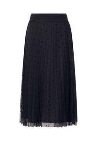 Schwarzer plissierter Rock aus transparentem Stoff mit Tupfenmuster, ausgestattet mit elastischem Bund, mittellang bis zur Wade und mehrlagigem Design.