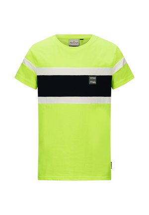 Heldere limoengroene T-shirt met navyblauwe en witte horizontale strepen, ronde hals, korte mouwen en een klein vierkant logo-embleem.