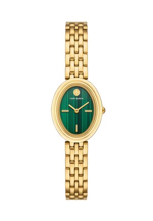 Gold-tone metal watch with an oval face, featuring a green striped dial, gold accents, and a woven link bracelet.