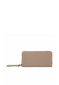 Portafoglio in pelle beige con chiusura a zip, texture liscia, forma rettangolare e nome del marchio in rilievo sul davanti. Dotato di una tracolla.