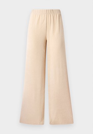 Laiad püksid heleses värvitoonis, millel on struktureeritud kangas ja elastne vöökoht mugavuse tagamiseks. Ilma taskute ja nähtavate kinnitusmehhanismideta.