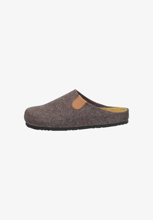 Brown felt clogs with a tan leather accent on the side, rounded shape, and black rubber sole. Soft texture and slip-on design.