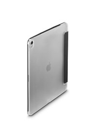 Silver Apple iPad with clear protective case and black foldable cover standing upright on white background.