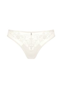 Witte kanten string met bloemenborduursel, soepele tailleband en een delicate hardware-accent in het midden. Netpanelen voegen textuur toe.