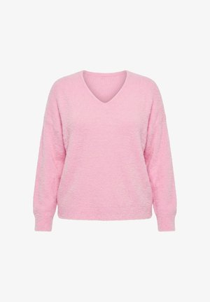 Weicher rosa Pullover mit langen Ärmeln, V-Ausschnitt und gerippten Bündchen, aus einem flauschig strukturierten Stoff.