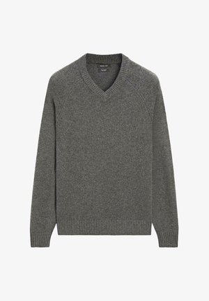 Gray v-neck sweater with a fine knit texture, raglan sleeves, and ribbed cuffs and hem. Simple design, no printed patterns or accents.