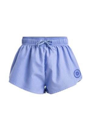 Lichtblauwe zwemshorts met een elastische tailleband, verstelbaar trekkoord en een logo-embleem aan de linksonderkant. Zachte, gladde stoftextuur.