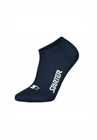 Marineblaue Knöchelsocken aus atmungsaktiven Materialien mit weißer "STARTER"-Marke und verstärktem Fersenbereich. Glatte Textur, sportliches Design.