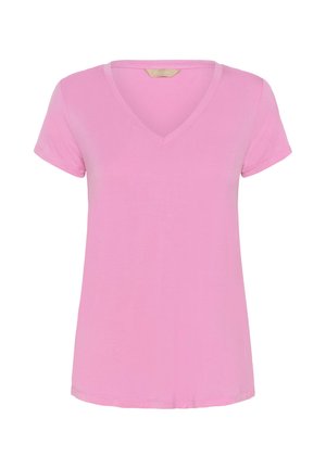 Hellrosa Damen-T-Shirt mit V-Ausschnitt und kurzen Ärmeln, schlichtes Design und weiches Material, auf weißem Hintergrund präsentiert.