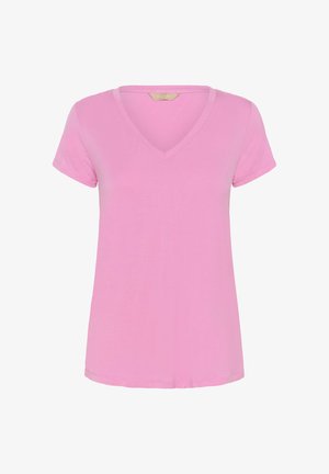 Hellrosa Damen-T-Shirt mit V-Ausschnitt und kurzen Ärmeln, schlichtes Design und weiches Material, auf weißem Hintergrund präsentiert.