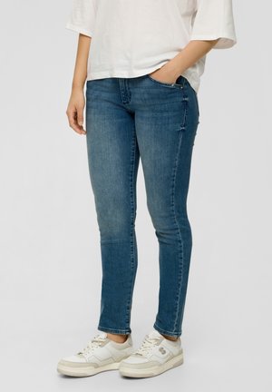 Blauwe skinny jeans met een gladde denimtextuur, met een halfhoge taille, vijf zakken en subtiele slijtage op het dijgebied.