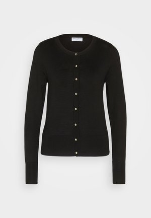 Black cardigan with a round neckline, long sleeves, and a button closure. Features gold-tone buttons and ribbed knit texture.
