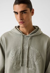 Svetlozelená mikina z mäkkého materiálu, so štruktúrovým výšivkovým logom a detailmi, klasickou kapucňou so šnúrkou a rebrovanými akcentmi.
