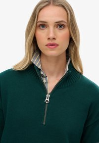 Donkergroene gebreide zip-up trui met ribbelkraag, gedragen over een licht gestreept overhemd met kraag. Hij heeft een zilveren rits en een gestructureerde stof.