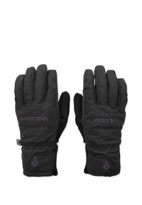 Par sorte isolerede handsker med elastiske håndled, håndledsremme og "Volcom"-mærke på bagsiden af hver hånd.