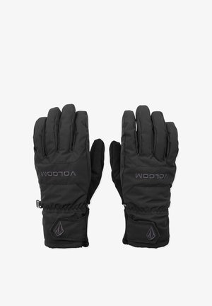 Paire de gants isolants noirs avec poignets élastiques, sangles au niveau des poignets et logo « Volcom » au dos de chaque main.