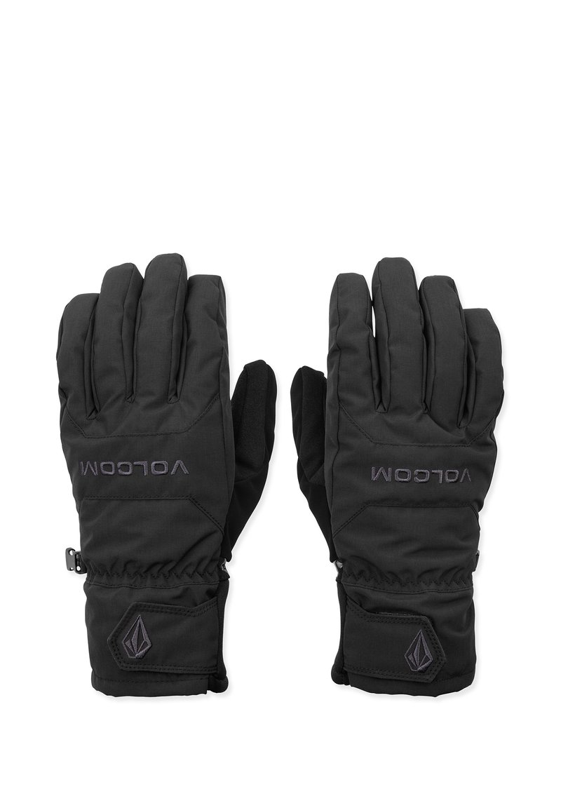 Par sorte isolerede handsker med elastiske håndled, håndledsremme og "Volcom"-mærke på bagsiden af hver hånd.
