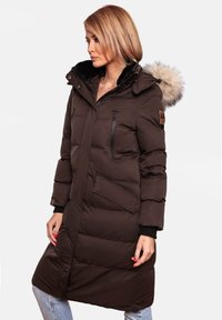 Brown padded winter coat with a fur-lined hood, zippered pockets, and a front zip closure. Ribbed cuffs and an A-line silhouette.