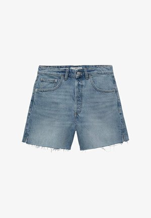 Lichtblauwe denimshorts met een hoge taille, een rafelrand, voor- en achterzakken en een metalen knoopsluiting.
