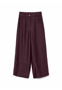 Mørkerøde bukser med bred benvidde laget av teksturert stoff, med knappelukking og folder foran, og med en cropped lengde ved kanten.