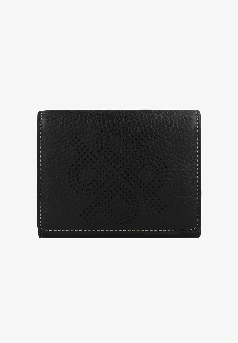 Zwarte leren portefeuille met een gestructureerd oppervlak. Voorzien van een geperforeerd ontwerp en contrasterende stiksels langs de randen. Compact rechthoekige vorm.