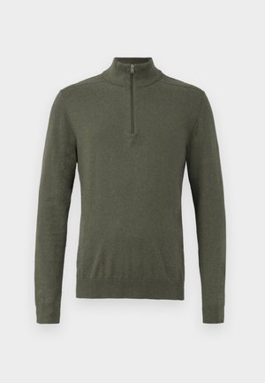 Olive green knit pullover with a high collar, featuring a front half zipper, ribbed cuffs, and a straight hem. Smooth texture.