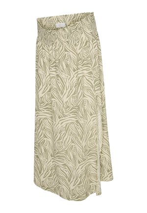 Beige en licht olijfgroene knielange rok met een abstract zebrapatroon en een elastische tailleband.