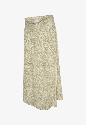 Beige en licht olijfgroene knielange rok met een abstract zebrapatroon en een elastische tailleband.