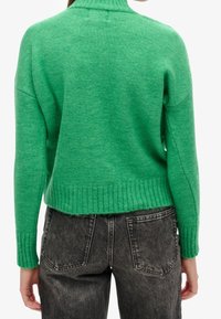 Pull en tricot vert avec un col montant, un ourlet côtelé et des poignets. Le matériau semble doux et texturé, avec une coupe décontractée.