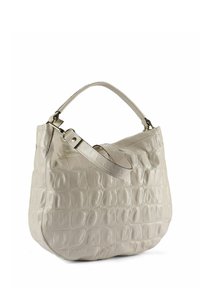 Borsa a mano in ecopelle effetto coccodrillo color crema con forma curva, ampia scomparto principale e una tracolla regolabile. Texture liscia, discreta lucentezza.