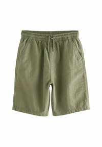 Shorts olive green avec taille élastique à cordon de serrage, dotés de deux poches latérales et d'un tissu texturé avec un motif subtil.