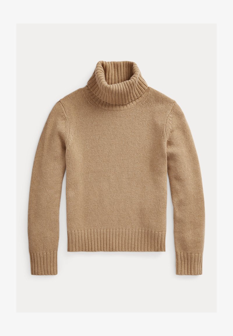 Pull beige à col roulé en maille, manches longues avec poignets et ourlet côtelés, posé à plat sur un fond blanc.