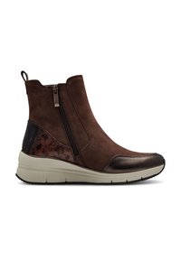 Brauner Wildleder-Stiefeletten mit einem seitlichen Reißverschluss, metallischen Akzenten und einer strukturierten Fläche. Verfügt über eine gepolsterte Sohle für Komfort und modernes Design.