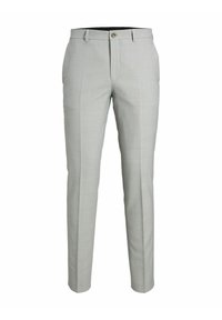 Pantaloni su misura grigio chiaro con una texture liscia, vestibilità slim, tasche anteriori e chiusura con un solo bottone. Adatti per occasioni formali.