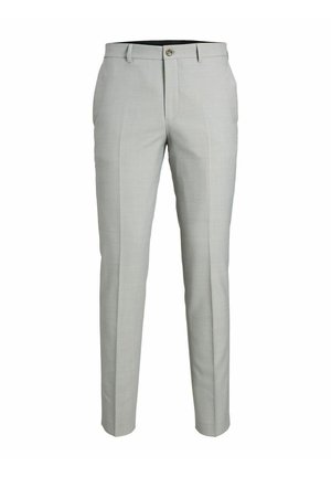 Pantaloni su misura grigio chiaro con una texture liscia, vestibilità slim, tasche anteriori e chiusura con un solo bottone. Adatti per occasioni formali.