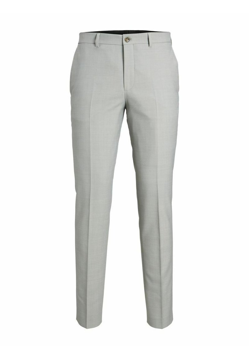 Pantaloni su misura grigio chiaro con una texture liscia, vestibilità slim, tasche anteriori e chiusura con un solo bottone. Adatti per occasioni formali.