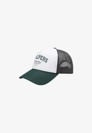 Gorra de camionero con un panel frontal blanco, visera verde y parte trasera de malla gris. Presenta texto bordado y un botón en la parte superior.