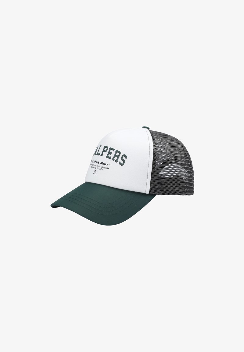 Gorra de camionero con un panel frontal blanco, visera verde y parte trasera de malla gris. Presenta texto bordado y un botón en la parte superior.