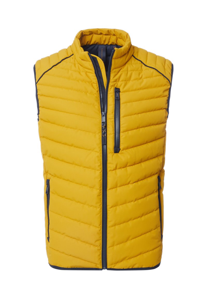 Gelbe Steppweste mit hohem Kragen, horizontalem Steppmuster, seitlichen Reißverschlusstaschen und schwarzen Akzenten entlang des Reißverschlusses und der Nähte.