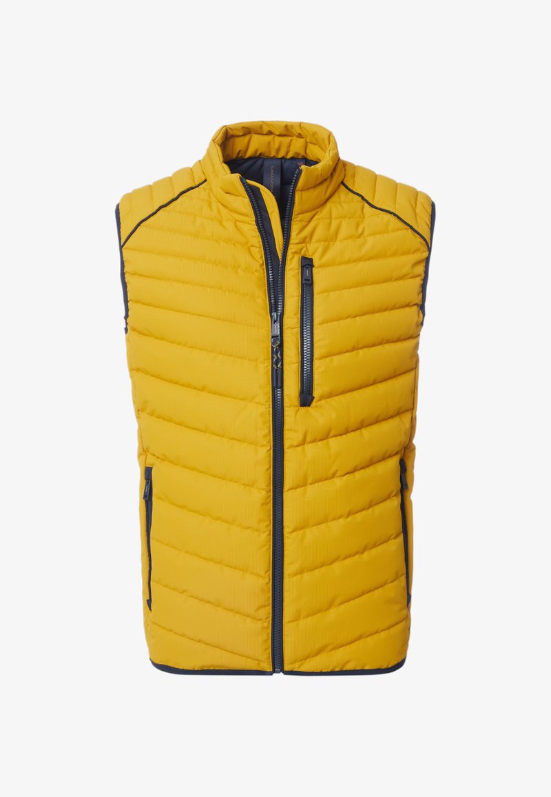 Gelbe Steppweste mit hohem Kragen, horizontalem Steppmuster, seitlichen Reißverschlusstaschen und schwarzen Akzenten entlang des Reißverschlusses und der Nähte.