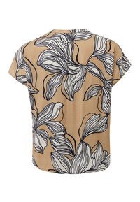 Beige Bluse mit kurzen Ärmeln, großem abstraktem Blumenmuster in Weiß und Schwarz sowie einem runden Ausschnitt, Rückansicht.
